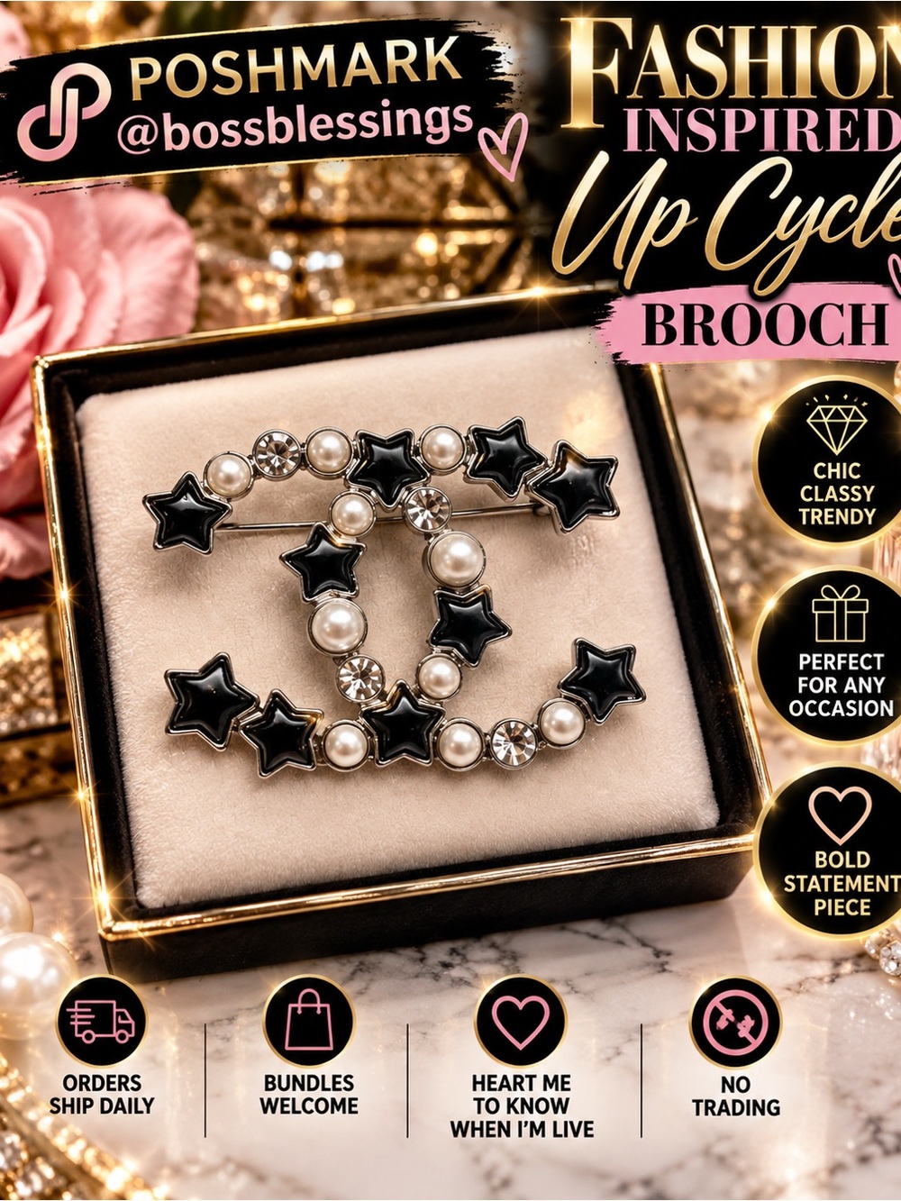 ✨ Fashion-Inspired Upcycled Black Star & Pearl Statement Brooch ✨